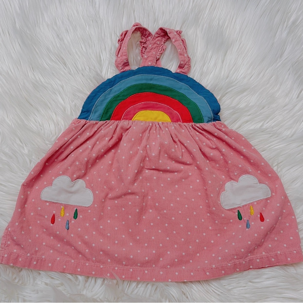 Mini Boden Rainbow Pinnie Dress 12–18m | Pink Polka Dot | Cute Clouds